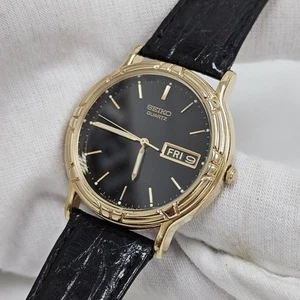 Vintage 90s Men’s Seiko 36m Day Date Quartz Dress Watch Black Dial Gold Tone - Picture 1 of 8