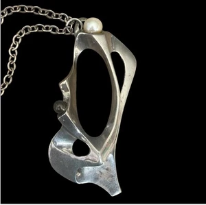 Modernist Vintage Pendant & Chain Signed E.R.S. Israel Sterling Silver & Pearls - Picture 1 of 4
