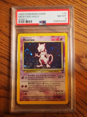 Pokemon 2000 Base 2 Mewtwo rare foil card, PSA 8 w/ swirl - Image 1 of 4