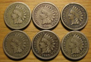 JUEGO COMPLETO TODOS (6) CENTAVOS INDIOS 1859 60 1861 62 63 64 COBRE NÍQUEL GUERRA CIVIL - Imagen 1 de 2