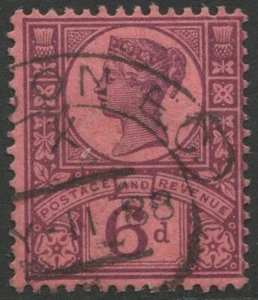 GB QV 1887-1900 Jubilee SG208 K37(1) 6d Purple/red F/USED Hooded/Cancel Cat £15 - Picture 1 of 2