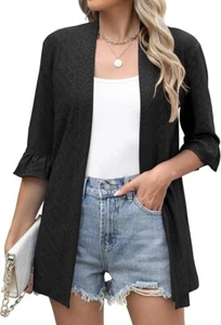 Women's Cardigan 3/4 Sleeve Open Front Casual Cozy Ruffles Sleeve Thin Cardigans - Picture 1 of 4