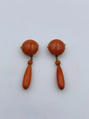 Ancien Paire 14k or Jaune Rose Orange Corail Pendantes Gouttes Pendentif - Photo 1/4