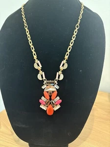 Stella & Dot Necklace Statement Pop Geo Orange Pink Long Gold Tone Authentic - Picture 1 of 8