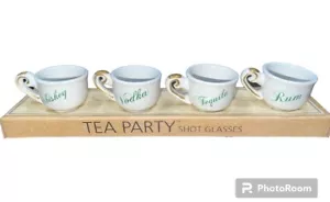 Tea Party Shot Glasses Set of 4 Blue Ceramic Tea Cups Whiskey Vodka Tequila Rum - Picture 1 of 2
