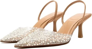 Damen-Slingback-High-Heels mit Perlenabsatz spitz braun Größe 7 NEU Hochzeit Party - Bild 1 von 5