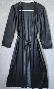 Vtg Olga Women's Long Sleeve Tie Waist Robe Silky Nylon Lace Trim Black 94280 S - Picture 1 of 12