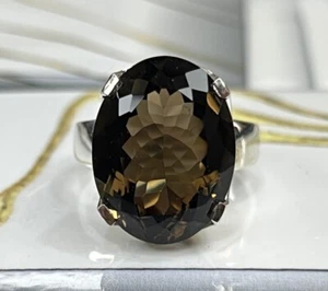 Large Natural Smokey Quartz Ring Solid Silver 16X21 MM Oval Cut Women’s Ring - Picture 1 of 6