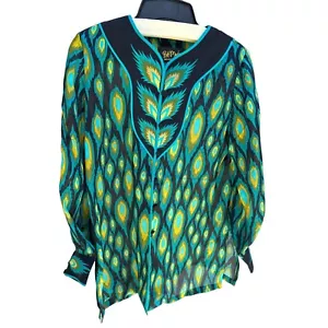 Camisa para mujer Bob Mackie pavo real manga larga con botones talla pequeña seda - Imagen 1 de 9