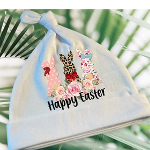 Happy Easter | Baby Beanie Knot Cap Hat | One Size White - Picture 1 of 2