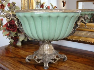 Cuenco de lujo suntuoso ángel porcelana bronce Art Nouveau antiguo Ormolu craquelé - Imagen 1 de 6