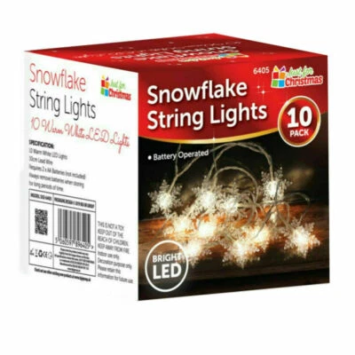 JUST FOR XMAS 10pk Christmas Snowflake String Fairy Lights Battery Operated LED Warm White