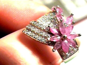 SILVER RING 7 FLOWER RUBY NATURAL SAPPHIRE STERLING 925 CLASSY ELEGANT UNIQUE - Picture 1 of 4