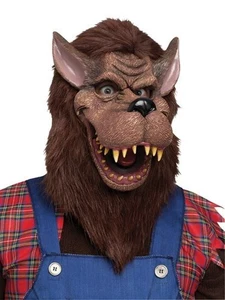 Big Bad Wolf Adult Mask for Mens Halloween Costume Brown Hairy Scary Teeth - Picture 1 of 1