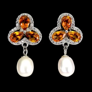 925 Sterling Silver Earrings Pear Citrine 6x4mm Pearl Natural Gemstone Jewelry - Picture 1 of 13
