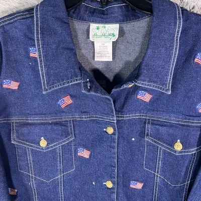 Vtg Quaker Factory Jean Jacket Women XXL Denim Blue 4th July Patriot Flags Stars - Image 1 of 4