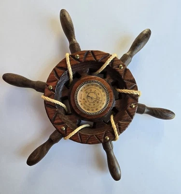Vintage MARITIME Nautical 15 1/2" WOODEN Ship's WHEEL Wall THERMOMETER ~ Germany - Image 1 of 4