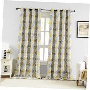 Full Blackout Curtains 63 Inches Long 2 Panels Gray Yellow Moroccan Lattice  - Picture 1 of 7