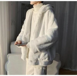 Giacca morbida da uomo casual bianco caldo in finta pelliccia con cappuccio manica lunga cerniera morbida - Foto 1 di 5