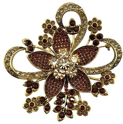 Broche prendedor Avon 2006 pedrería rojo rubí y ámbar en oro 35 aniversario 3"" Foto 1 de 4