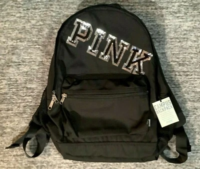 Victoria's Secret Pink Bling Campus Backpack Black Silver Sequins Logo NWT Rare - Image 1 of 4