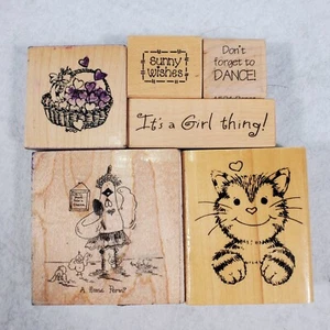 Lote de 6 estampillas de goma montadas en madera Its a Girl Thing Sunny Wishes gato pollo - Imagen 1 de 9