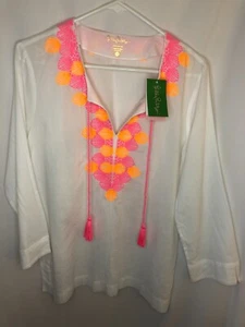 Top túnica Lilly Pulitzer Amelia talla M blanco rosa naranja bordado nuevo con etiquetas Resort - Imagen 1 de 5