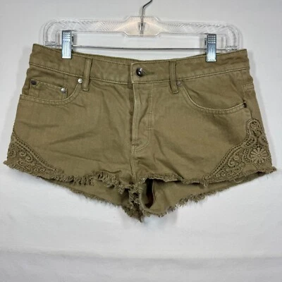Roxy Denim Shorts Lace Trim Frayed Hem Casual Summer Khaki Size 27 - Image 1 of 4