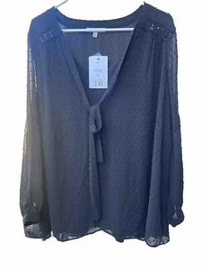 DR2 Womens Peasant Blouse Black Sheer Long Sleeve Smocked Boho 2X New - Picture 1 of 18