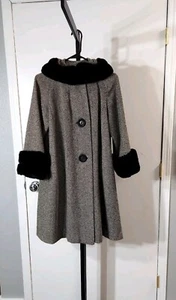 Women's Vintage Black & White Check Weave Faux Fur Dress Swing Coat, Size S - Picture 1 of 24