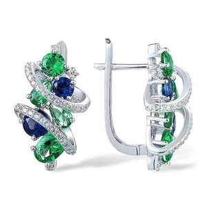 Blue Green Emerald CZ Hoop Earrings Women Bridal Drop Earring Huggie Hoops - Picture 1 of 8