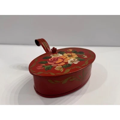 Vintage Red Floral Oval Tin Trinket Box with Handle Rosemaling - Image 1 of 4