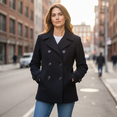 Eddie Bauer Womens Peacoat PM Petite Navy Blue Wool Blend Doube Breasted Preppy - Image 1 of 4