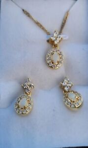 Ladies Opal and Cubic Zirconia 18" Gold Tone Twist Chain Earrings Gift Set  