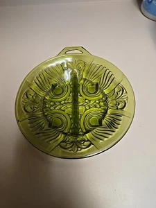 Vintage Green Glass Divided Dish Footed Relish Round Tray w/ handle - Picture 1 of 4