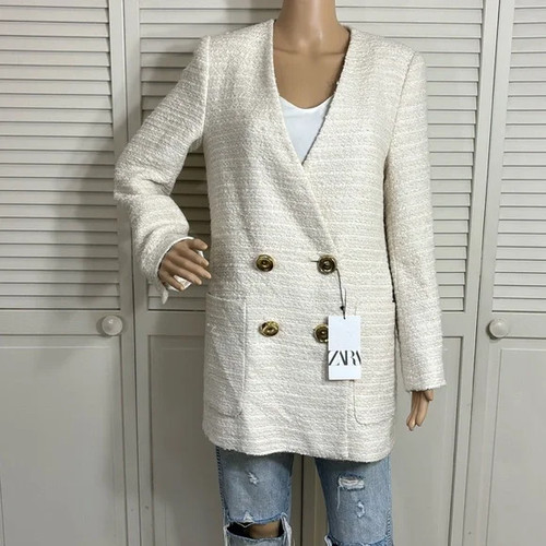 OFF WHITE Blazer foderato doppiopetto Zara testurizzato tweed bianco sporco cappotto medio nuovo con etichette