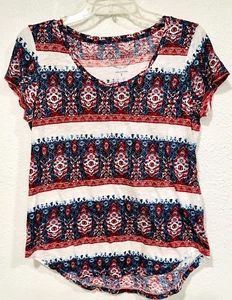 Lucky Brand Stretch Tee Red Blue White Paisley Cap Sleeves HiLo Hem Womens Small - Picture 1 of 6