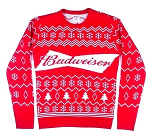 BUDWEISER BEER Mens Christmas Holiday Novelty Knit Crew Sweater RED WHITE SMALL - Picture 1 of 10