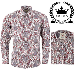 Camisa Relco Para Hombre Roja Blanca Cachemira Manga Larga Cuello Abotonado Años 60 70 - Imagen 1 de 3