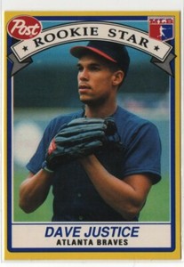 1991 Post Cereal Dave Justice Rookie Stars 1 Of 30 Atlanta Braves FREE SHIPPING