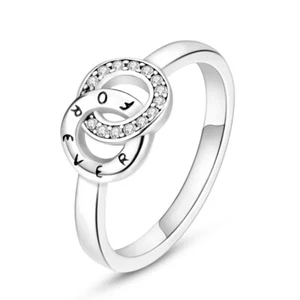 MULA Women Double Circles LOVE Ring European Pave AAA CZ Jewelry Silver Plated - Picture 1 of 7