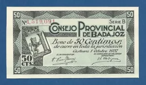 BADAJOZ PROVINCIAL COUNCIL -- 50 CENTIMOS ( 1937 ) -- SC -- SERIES B . - Picture 1 of 2