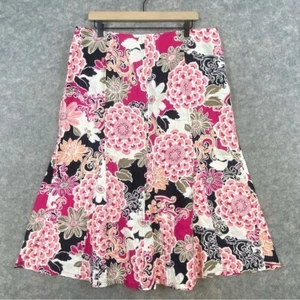 Kim Rogers 100% Linen Floral Godet Skirt Size 16 Pink Black Midi Flare Spring - Picture 1 of 10