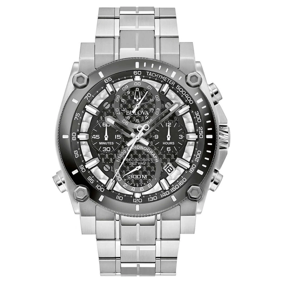 Bulova Precisionist 46mm Black Dial Silver Stainless Steel Strap Watch for Men (98B405)