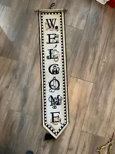 Tapestry Fabric “Welcome” Cats Banner Sign W/little Wooden Dowel - Picture 1 of 9