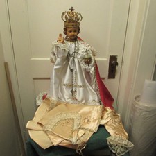 Vintage Infant Of Prague statue with jeweled crown and glass eyes