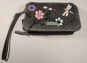NEU Vera Bradley Wolf grau gesteppt Samt RFID Kalbsleder Geldbörse mit Blumen - Bild 1 von 9