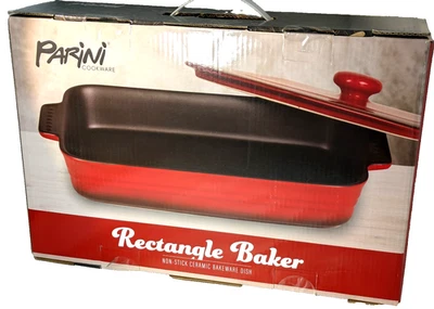 Utensilios para hornear Parini rectangulares con tapa cerámica roja nueva en caja cazuela antiadherente 9"x14" Foto 1 de 2