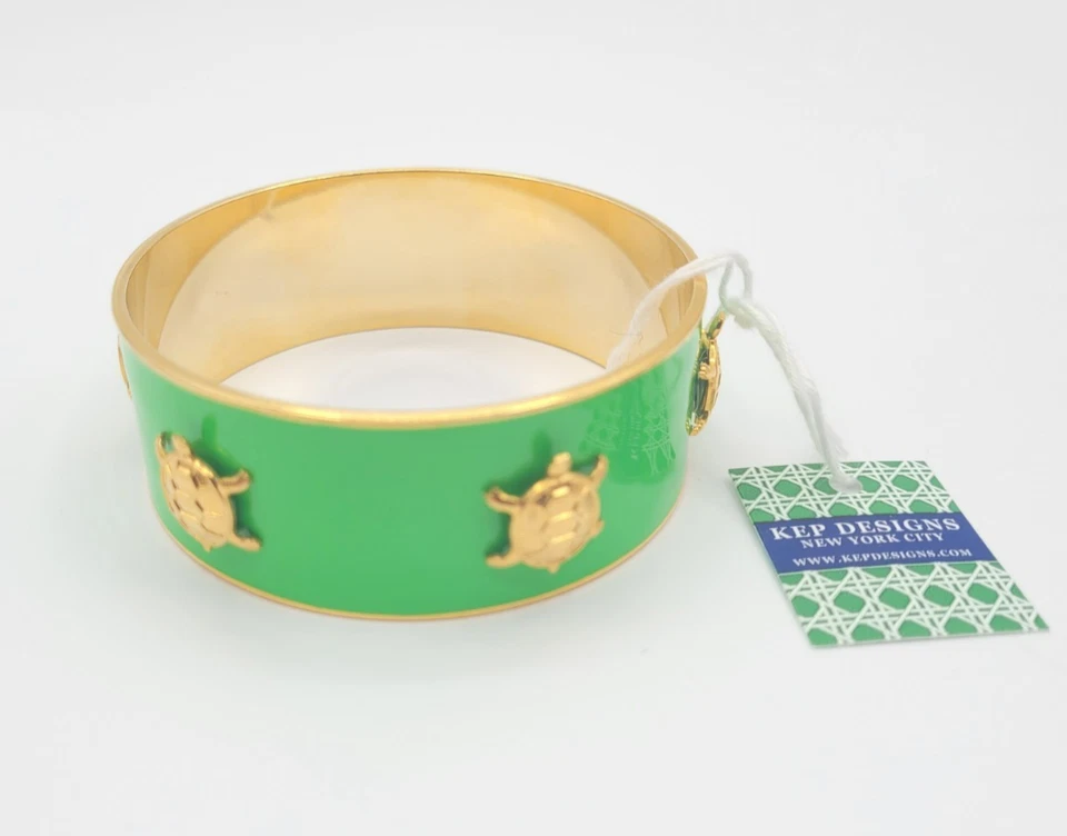 KEP Designs Green Enamel and Gold Plated Turtle Bangle Bracelet NWT - Image 1 of 4