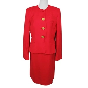 CHRISTIAN DIOR Vintage Red Skirt & Jacket Suit Set Wool Gold Buttons Size 14 - Picture 1 of 15